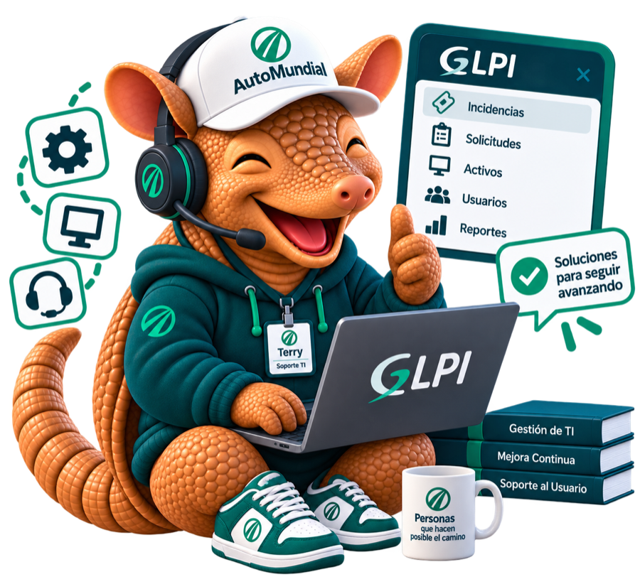Terry, la mascota del área de Tecnología y Proyectos, atendiendo soporte en GLPI